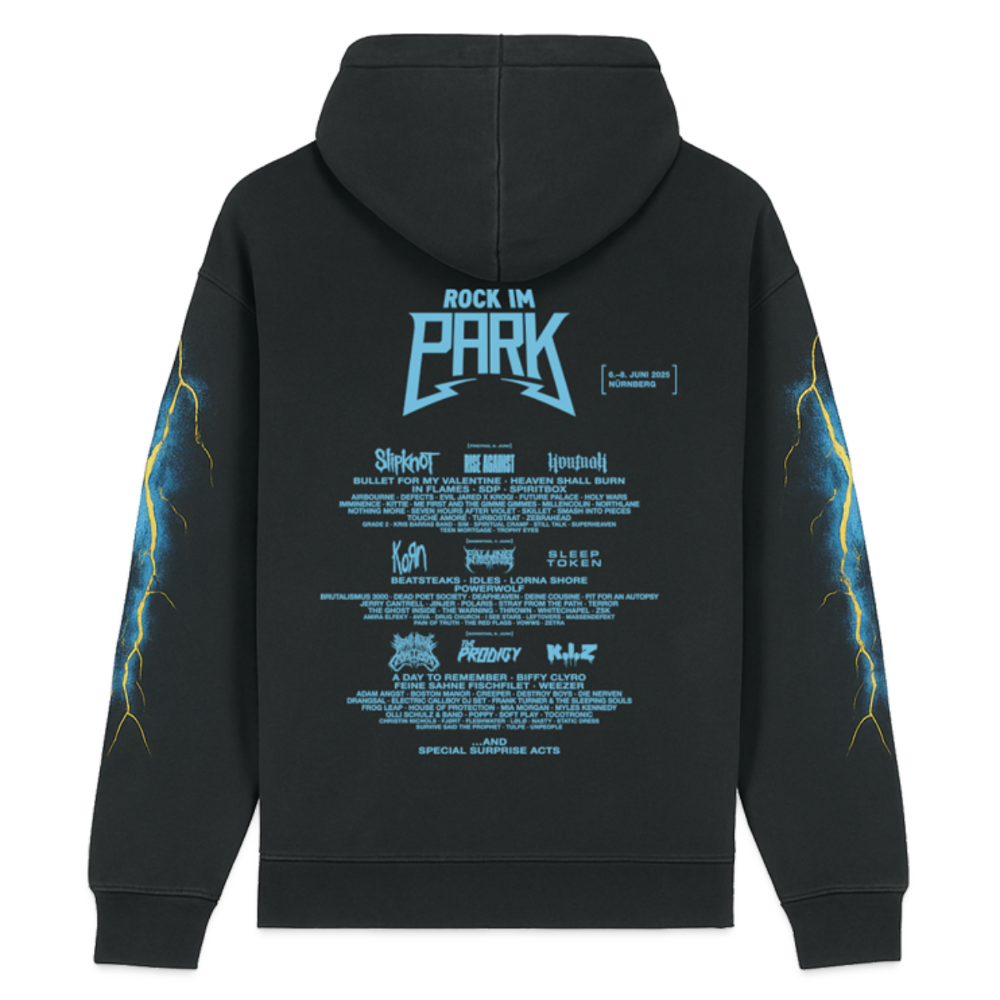 RIP25 Vintage Hoodie (Allover-Print) - washed Black, Rückenansicht mit hellblauem Logo "ROCK IM PARK" und dem Line Up von 2025