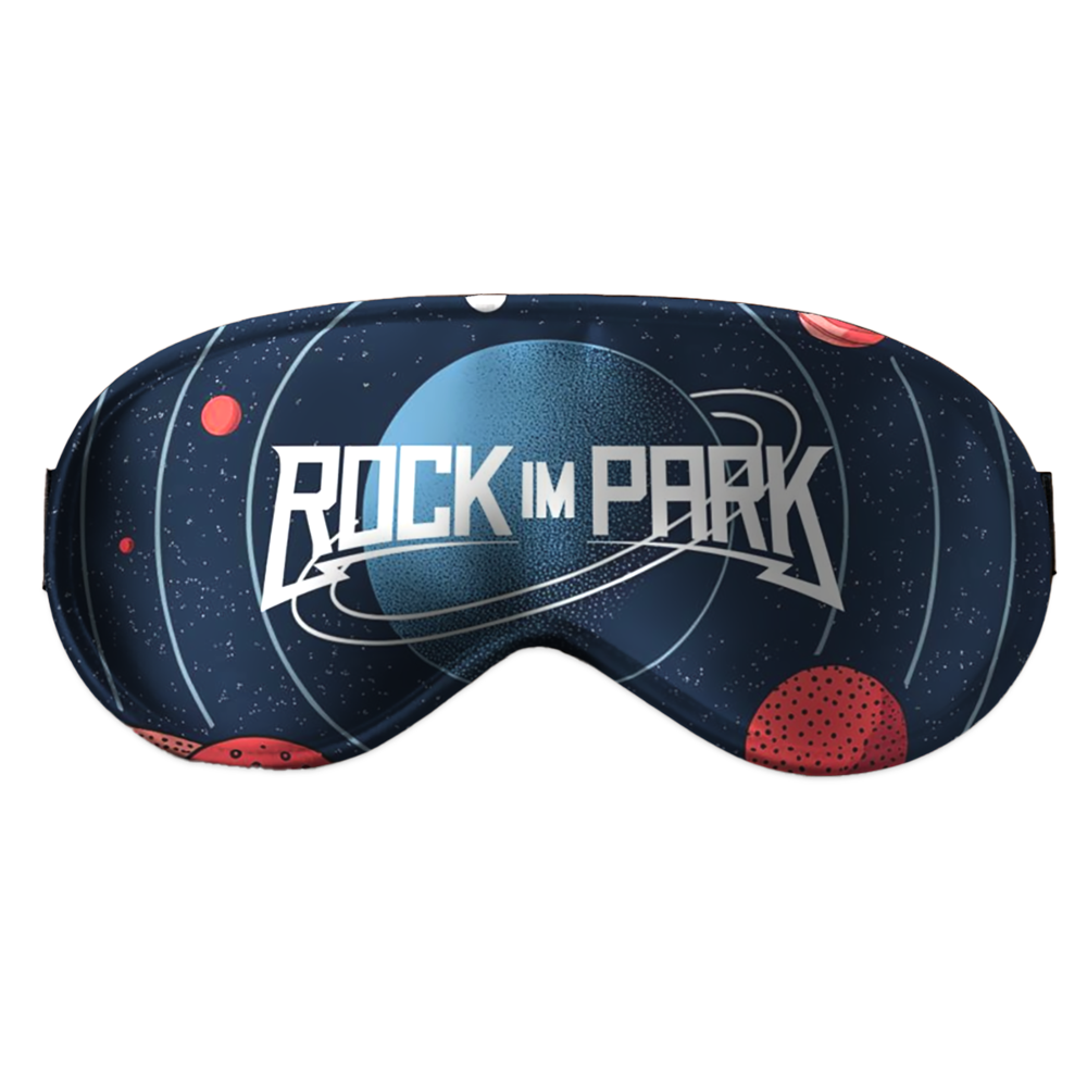 RIP25 Rock’n’Snooze Schlafmaske - Schwarz mit weißem Logo "ROCK IM PARK" und Weltall-Hintergrund