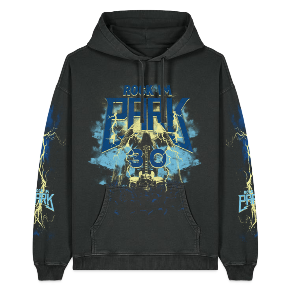 RIP25 Vintage Hoodie (Allover-Print) - washed Black, Frontansicht mit blauem Logo "ROCK IM PARK", "30" sowie Gewitter und Skelettelementen, auch Ärmel haben dieses Motiv