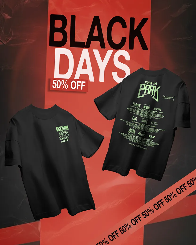 Poster mit zwei schwarzen "Rock Im Park"-T-Shirts und Werbung für Black Days 50 % Rabatt